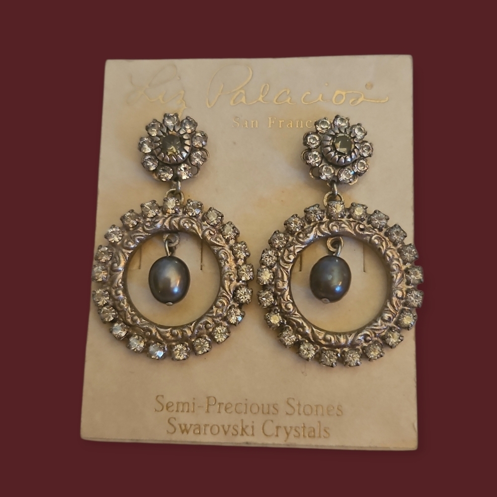 Vtg LIZ PALACIOS Swarovski Crystal Freshwater Pearl Circle Drop Post Earrings